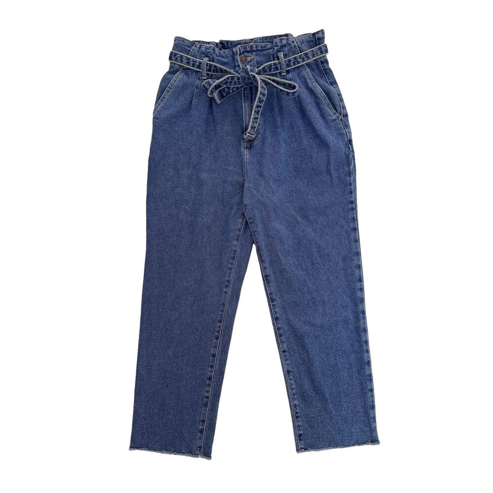 Abercrombie & Fitch Belted High Rise Mom Jeans Med Wash Raw Hem 31/12 (31x22)